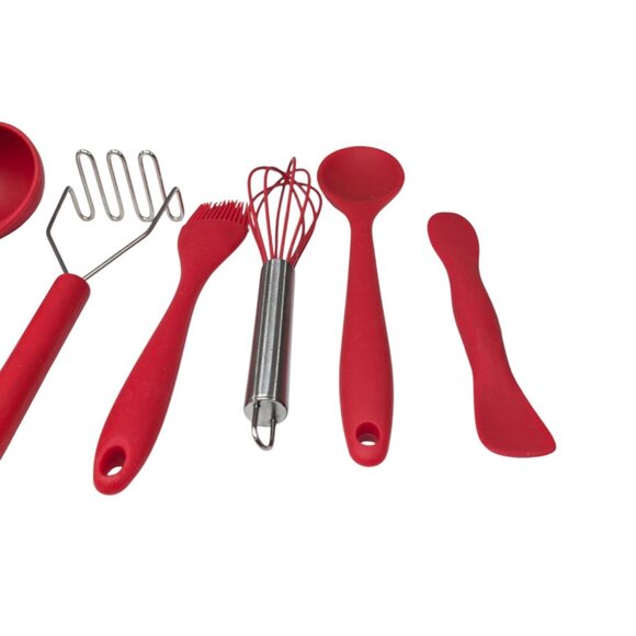 Kitchen Tool LOT OF 9 Red Silicon Tongs Wisk Ladle Spoon Brush Potato Masher - Picture 10 of 10